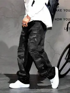 Men's American High Street Patchwork Distressed Wide-Leg Jeans, Trendy Loose-Fitting Casual Design, Comfortable All Seasons Wear