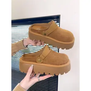 Women's Retro Height-Boosted Thick Sole Slip-On Sandals, Women's Design Clogs, PU Leather Upper, Rubber Sole, Casual Comfortable Breathable Non-slip Clogs, Fall & Winter Casual Shoes, Sandals for Indoor & Outdoor Wear Wedges Slippers Solid Color Slippers