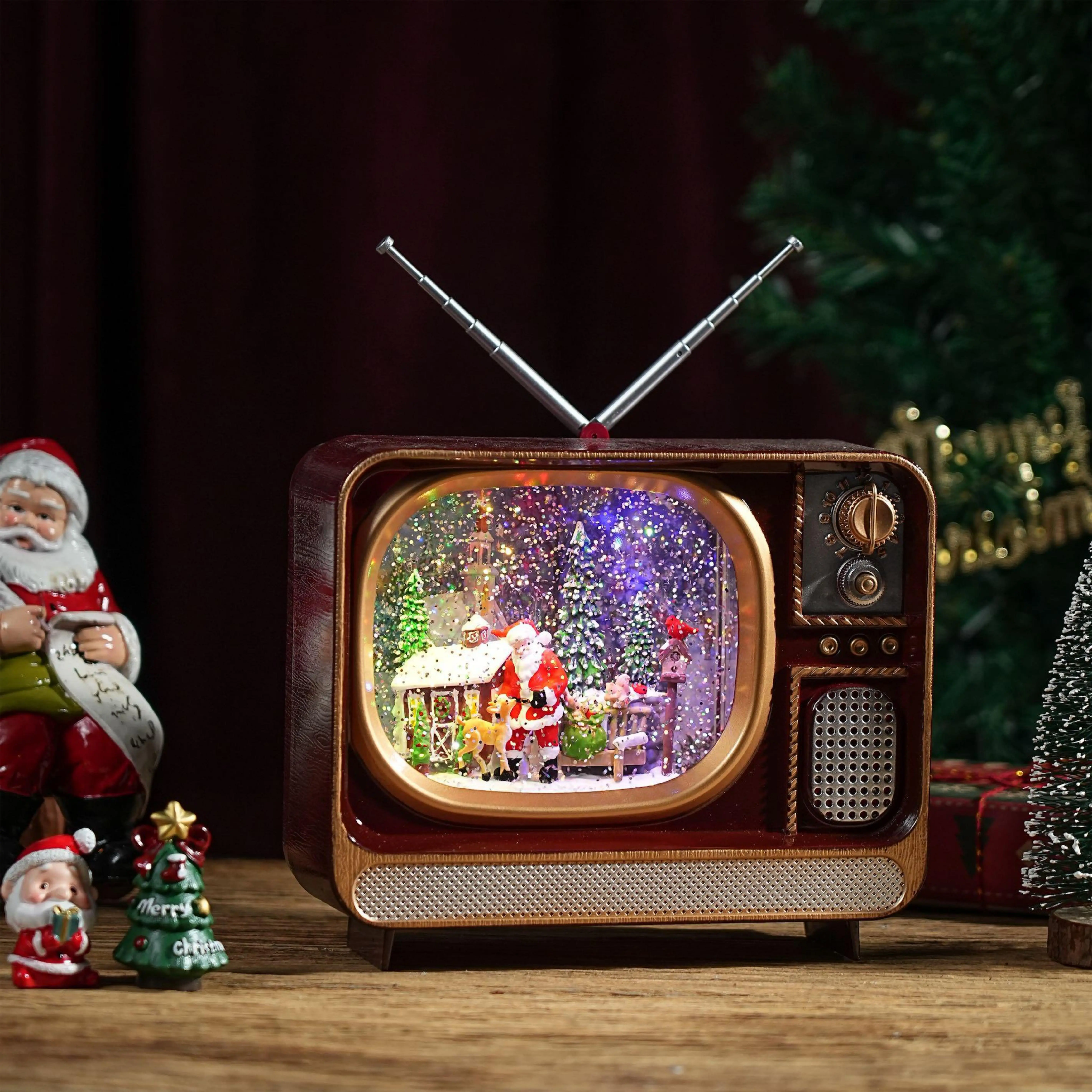 EBAN Christmas desktop ornaments, retro TV window decorations, Christmas Eve atmosphere arrangement, rotating snowflake music crystal ball, children's gift, USB/battery dual-use