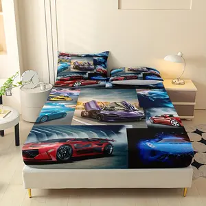 3pcs Cool & Breathable Fitted Sheet Set, Breathable Sheets | Polyester 100% Car Mattress Protector, Digital Printing, Machine Washable, All Seasons, Home Decoration - 1 Fitted Sheet + 2 Pillowcases (Without Filling)