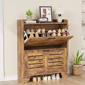 Shoe Cabinet Storage for Entryway, Narrow Shoe Cabinet with 2 Flip Drawers, Freestanding Hidden Slim Shoe Organizer Cabinet with Hooks for Foyer, Hallway