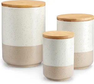 Sabine Ceramic Canister Set with Airtight  Lids - 3- Kitchen Storage for Flour, Sugar, Coffee,  & Spices - Modern Countertop Decor