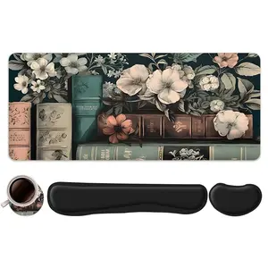 4pcs Vintage Floral and Book Design Mouse Pad + Keyboard Wrist Rest + Ergonomic Mouse Pad + Coaster Set For Desktop Decoration, Office Accessories Set Ergonomic Wrist Support, Computer Mat Mouse Pad Coaster Suitable For Home Office Gaming
