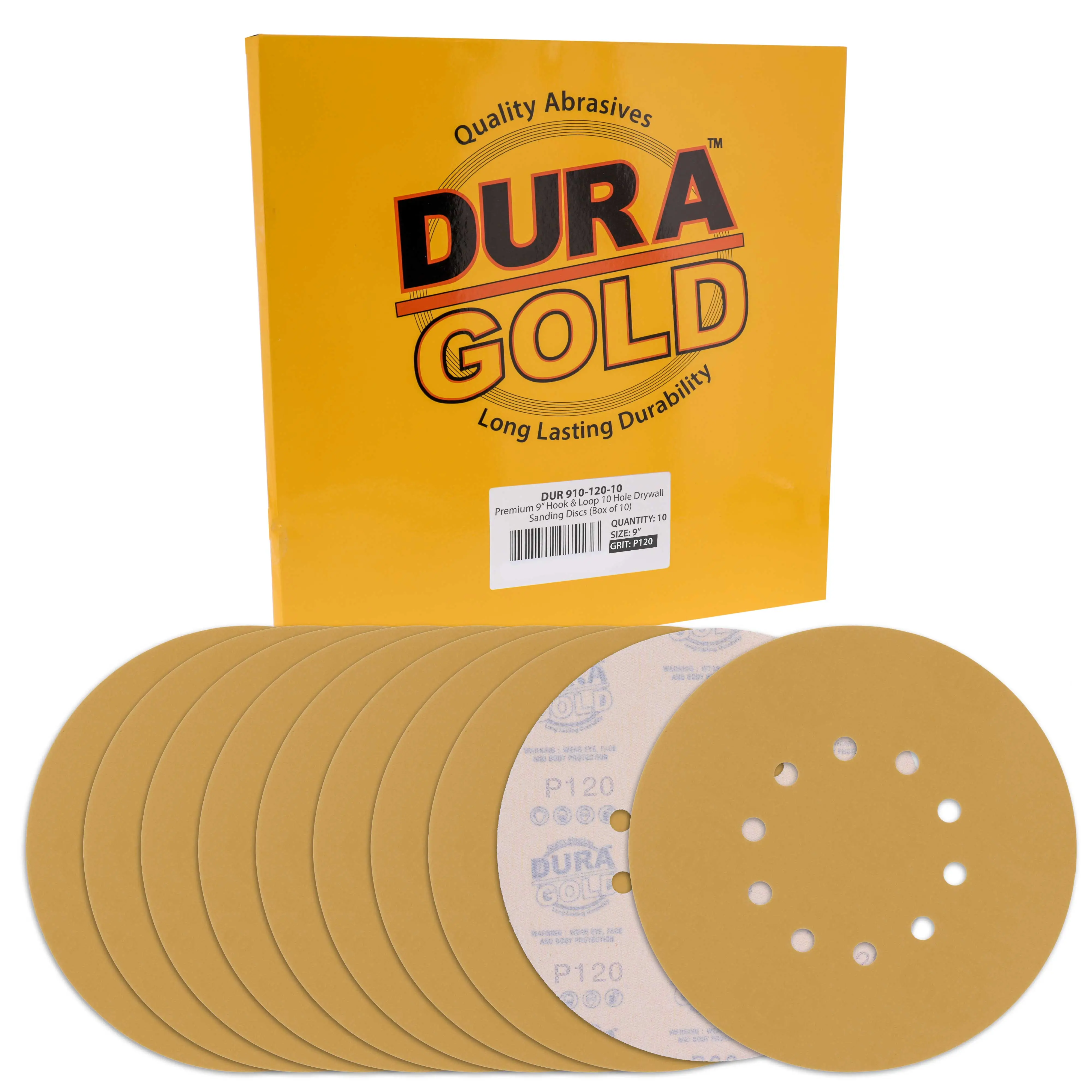 Dura-Gold Premium 9" Drywall Sanding Discs - 120 Grit (Box of 10) - 10 Hole Pattern Hook & Loop Aluminum Oxide Sandpaper - For Power Sander, Sand Wood