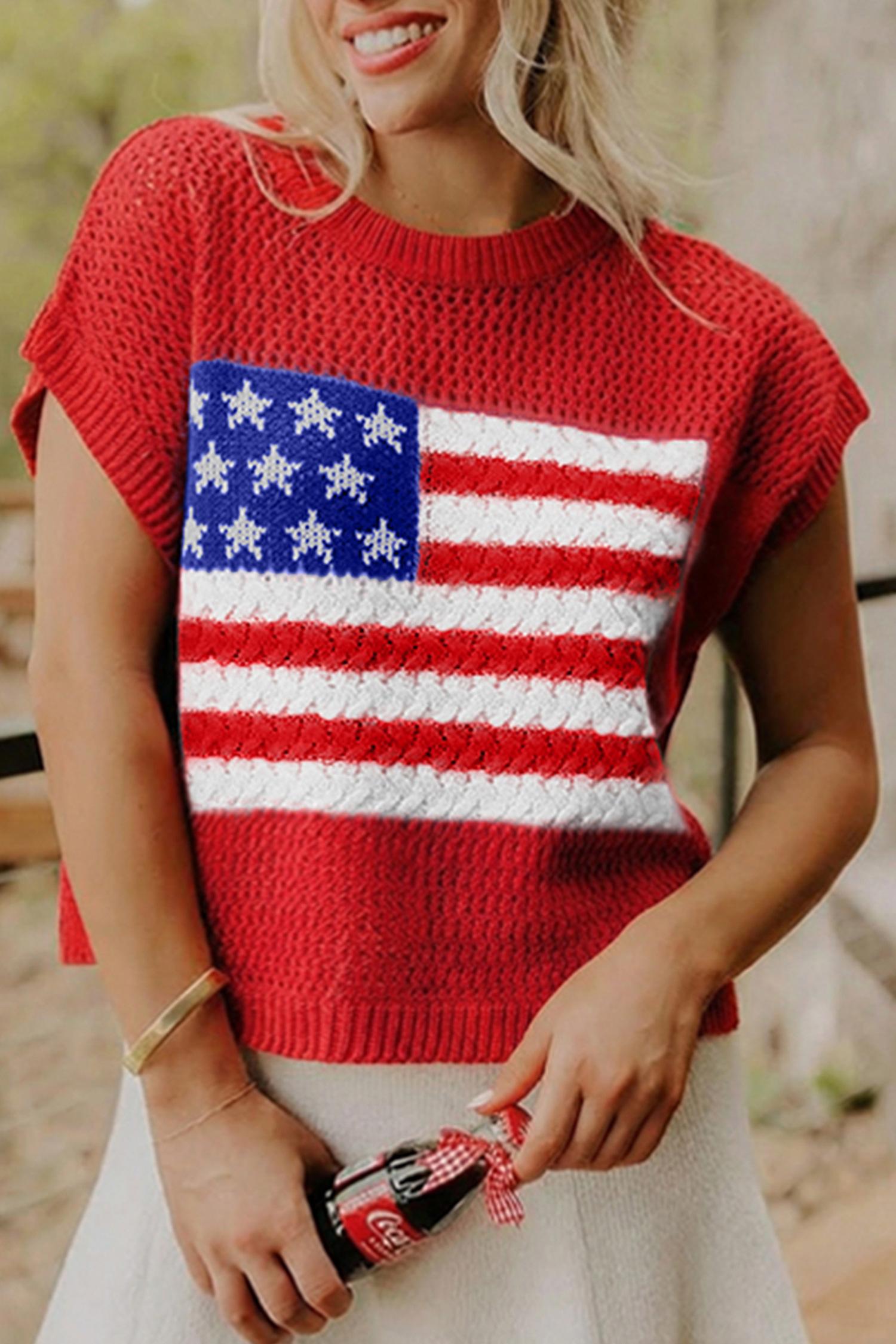 Mntaor Women's American Flag Graphic Relaxed Fit Short Sleeve Knit Sweater Top for Independence Day Festivals & Casual Streetwear Knitwear - Womenswear