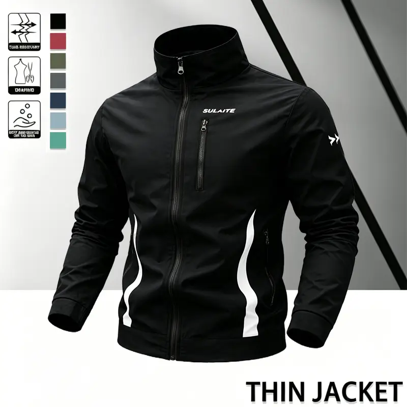 LIFE KEEPS MOVING Men’s Stand Collar Windproof Jacket, Lightweight Commuter Coat with Multiple Secure Zipper Pockets and Reinforced Sleeve Cuffs, SULAITE Printed Design, Suitable for Everyday Outdoor Wear