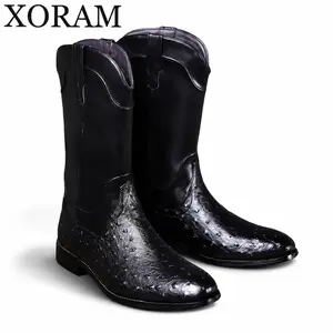 Men's ostrich-patterned western cowboy boots, versatile vintage mid-calf pointed work boots, slip-resistant and durable work riding boots B603