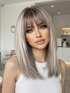 Silver Wig, Synthetic Hair Wig, 14 Inch Straight Hair with Bangs, Comfortable Realistic Fit, Perfect for Holidays, All Seasons