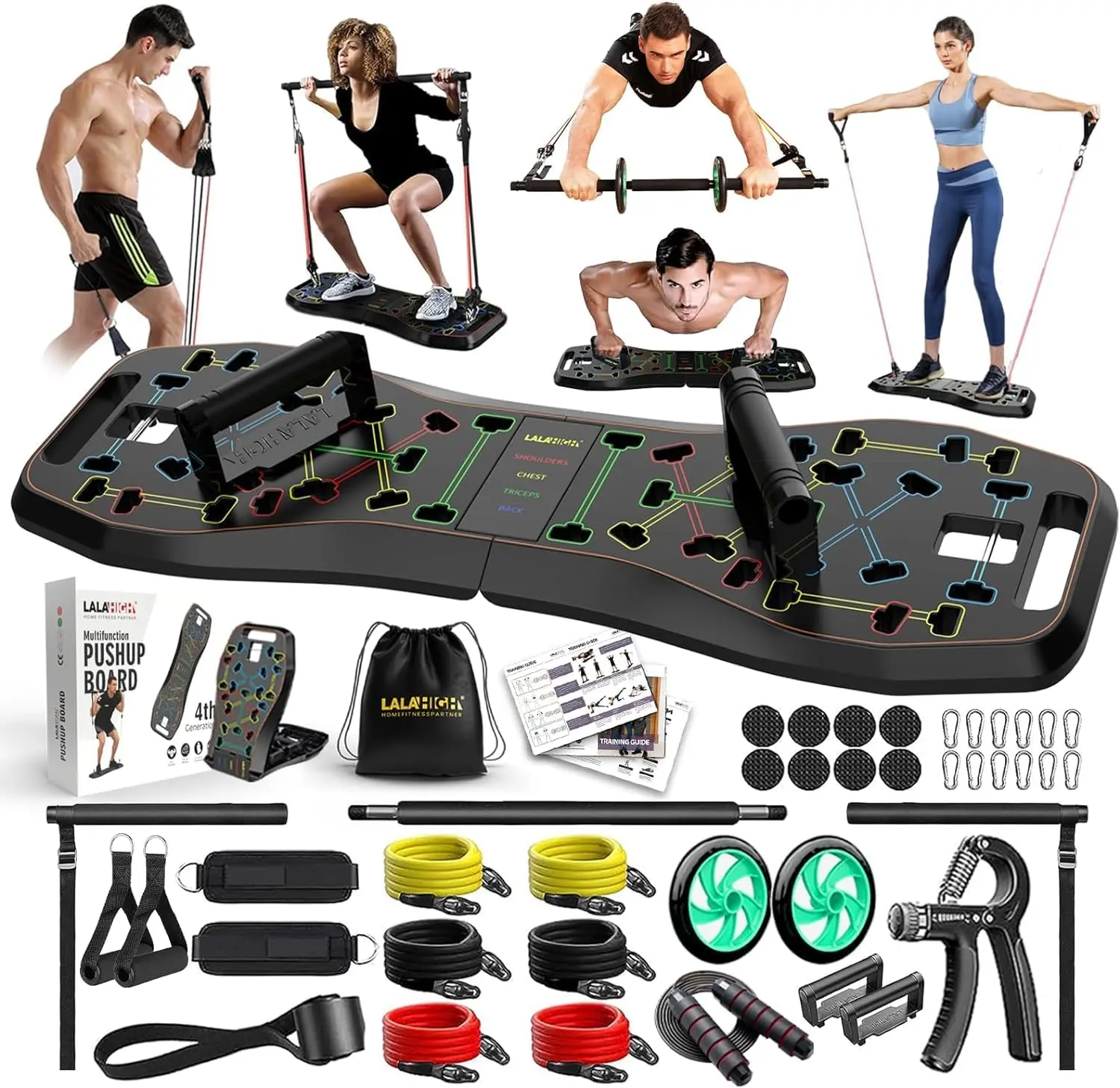 Portable Home Gym System: Large Compact Push Up Board, Pilates Bar & 20 Fitness Accessories with Resistance Bands & Ab Roller Wheel - Full Body Workout for Men and Women, push-up board