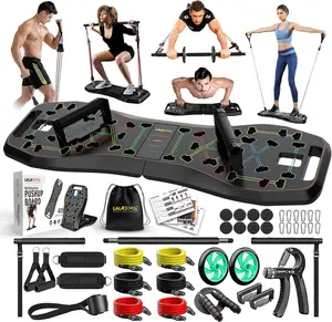 Portable Home Gym System: Large Compact Push Up Board, Pilates Bar & 20 Fitness Accessories with Resistance Bands & Ab Roller Wheel - Full Body Workout for Men and Women, push-up board
