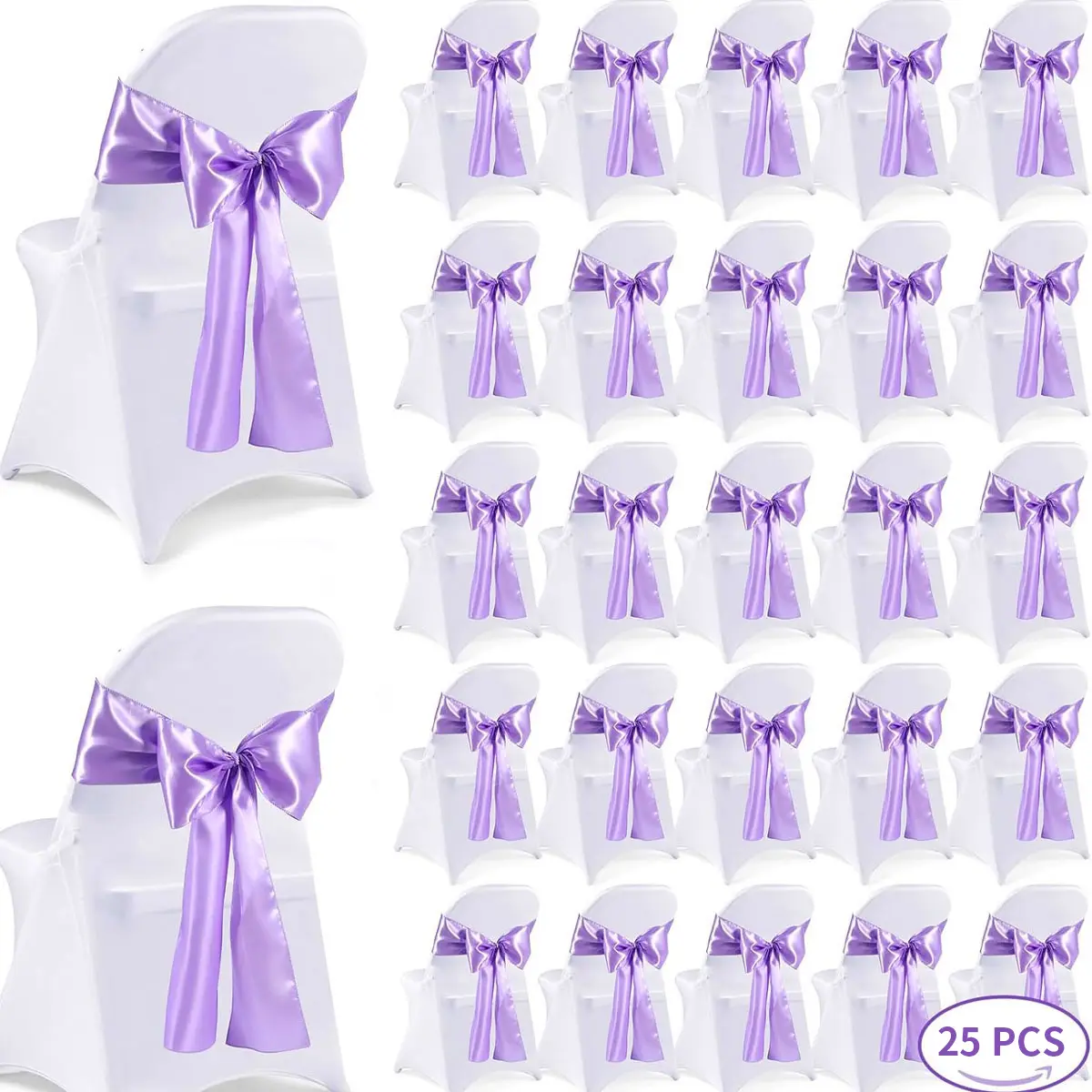 25 Pieces Of Satin Chairs With Decorative Bows, Ties, And Covers For Weddings, Parties, Ceremonies, Receptions, Events, Dining Rooms, And Home Kitchens (6.7 X108 Inches) Slipcover
