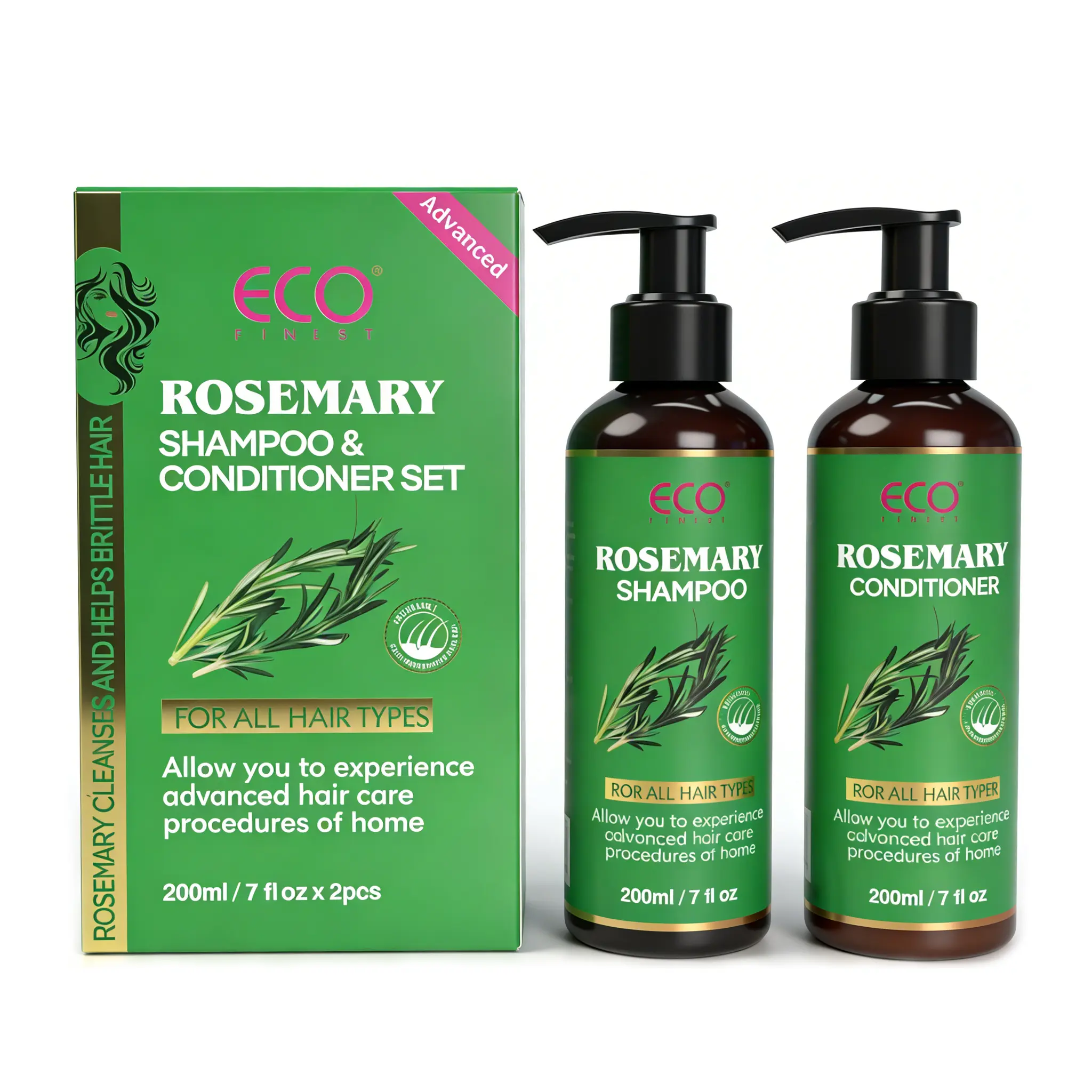 Eco Finest Organic Rosemary & Peppermint Shampoo & Conditioner Set for Women & Men - Natural Thickening & Strengthening with Hydrolyzed Keratin for Thinning Hair & Hair Loss 7 fl.ozx2pcs