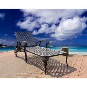 Chaise Lounge Chair Outdoor, Poolside Lounger Outside Cast Aluminum Tanning Chairs with Adjustable Backrest and Moveable Wheels, 1pcs