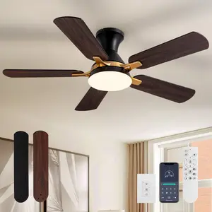 Modern Ceiling Fans with Lights and Remote Control/APP 5 Blades Black Low Profile Ceiling Fan LED Dimmable Flush Mount Ceiling Fan with Light for Living Room Dining Room Patio Kitchen Bedroom Hotel