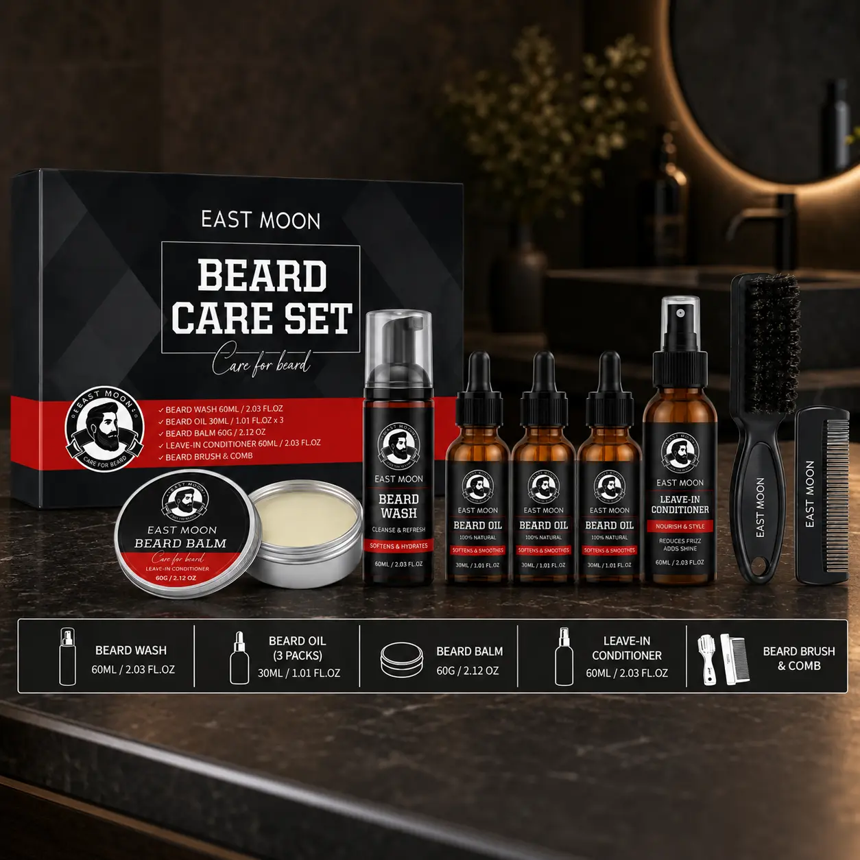 Mens Beard Care Set Includes Beard Shampoo Beard Oil Beard Cream and Leave In Conditioner Premium Fathers Day Gift Groomed Maintenance