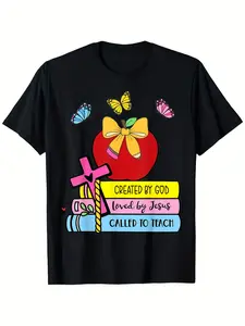 Men's Christian Faith Apparel - Created By God Called to Teach Pretty Books Design Retro Round Neck Short Sleeve T-Shirt - All-Season Comfortable Casual & Outdoor Wear with Verse Teaching Book Graphics - Machine Washable
