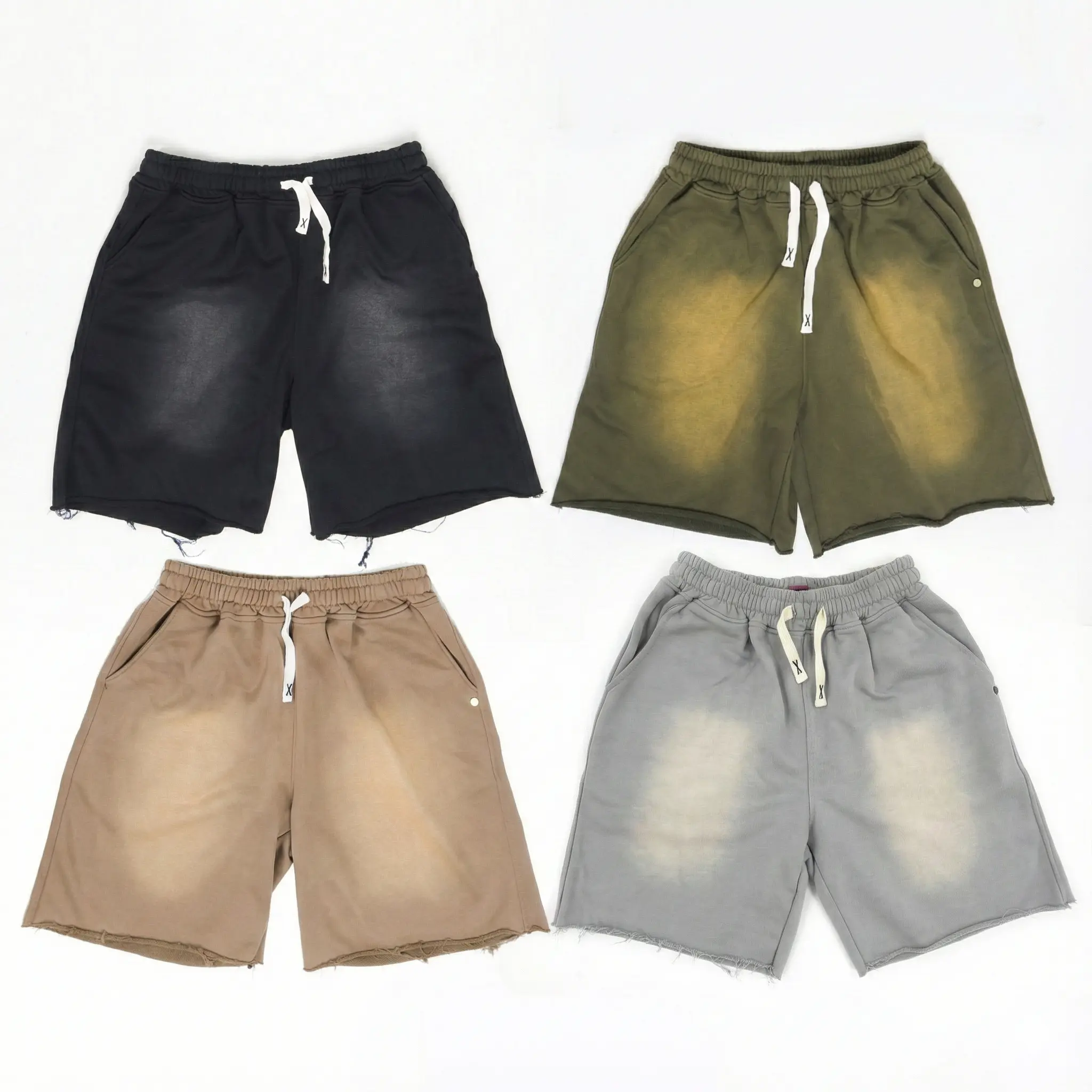 Men's Washed French Terry Cotton Shorts by HL | Heavyweight 360gsm Raw Hem Knee Shorts | Stylish, Mid Waist, Casual Relaxed Fit, Raw Edge, Athletic Menswear