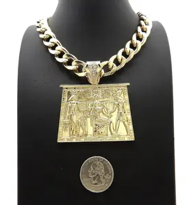 Hip Hop Style Egyptian Tablet Gold Plated Large Charm Pendant & 10mm 18" 20" 24" 30" Cuban Chain Necklace