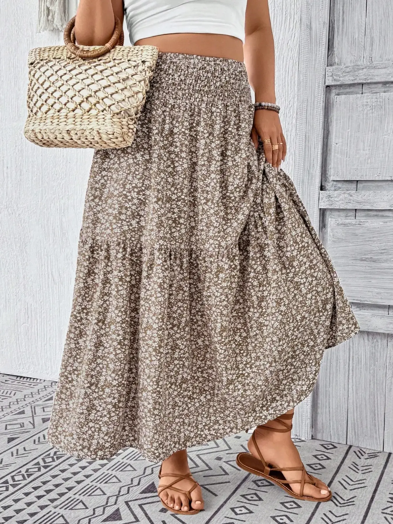 Plus Size Women's Ditsy Floral Bohemian Feminine Boho Ruffled Long Skirt, Floral Printed Skirt, Loose Feeling Skirt, Maxi Bottoms, Womenswear, Comfortable Fabric, Casual Fitted Design, All-Season Fashion, Daily Wear Style, Everyday
