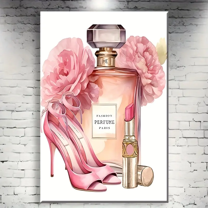 Framed Canvas Wall Art - Artistic Wood Framed Painting, Elegant High Heels, Perfume, Lipstick & Pink Hydrangeas Design, Home Decoration Artwork for Bathroom, Bedroom, Perfect Gift, Print