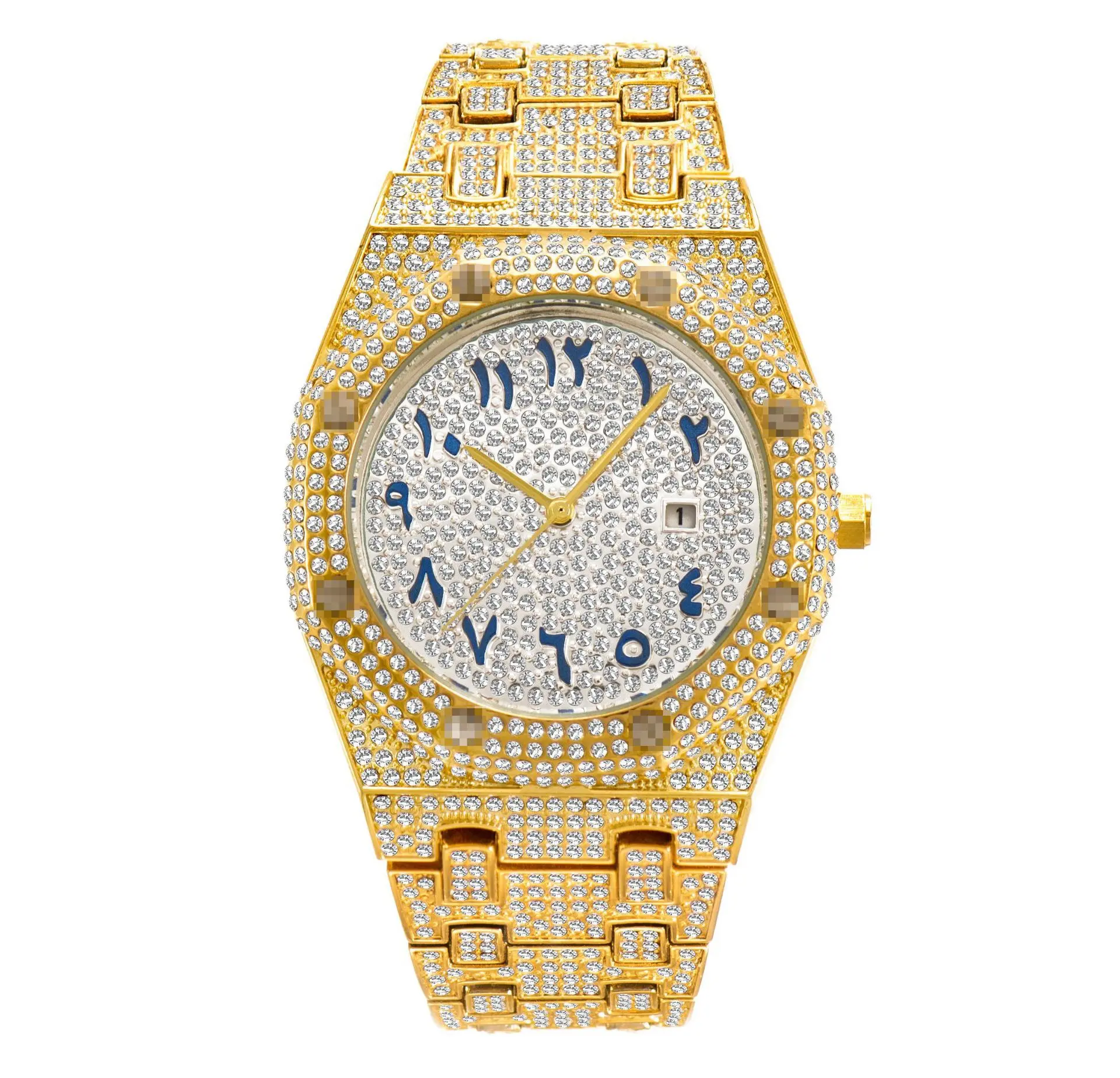 FULLY ICED OUT Watch – Arabic Dial • Gold & Silver • Hip Hop Luxury Drip Limited Drop with Crystals & Blue Numerals