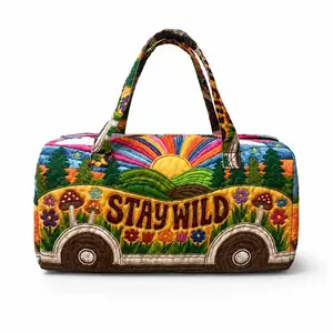 Women's Boho Hippie Quilted Travel Duffle Bag - Retro Camper Stay Wild Design, Lightweight Soft Shoulder Weekender Tote, Gym Carry-On for Beach Trips, Outdoor Adventures