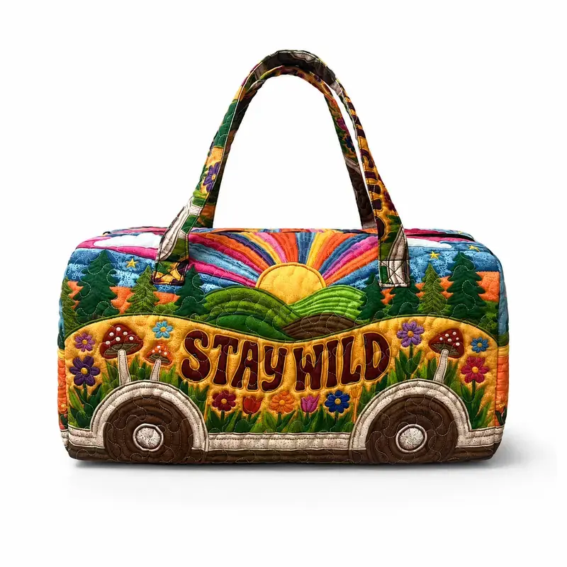 Women's Weekender Bag, Large Boho Hippie Quilted Duffle with Retro "Stay Wild" Camper Design, Lightweight Carry On Luggage for Travel & Gym
