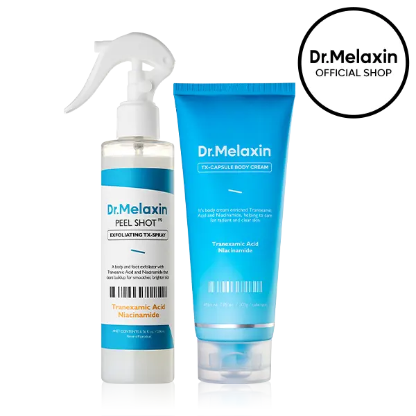[Dr.Melaxin Official] TX Smooth Body Glow Duo, 2-Piece | Peel Shot Exfoliating TX Body Spray + TX Capsule Body Cream | Tranexamic Acid & Niacinamide for Body Dark Spots & Rough, Bumpy Skin | Korean Skincare