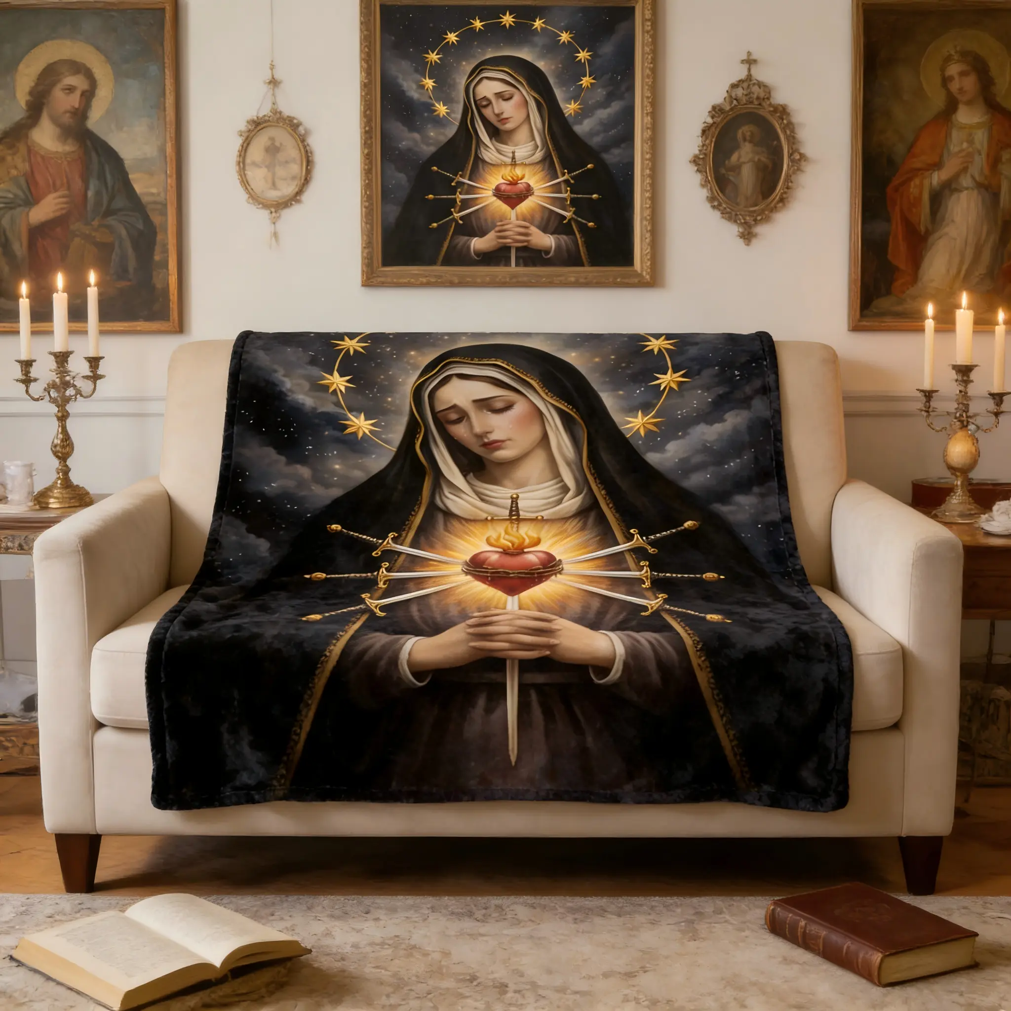 Our Lady of Sorrows 7-Sword Flannel Blanket - Cozy Chic, Soft Comfy Plush Throw, Catholic Devotional Gift with Dramatic Sacred Heart, Star Halo Design for Bedroom, Prayer Space, Cozy Chic Blanket, Soft Comfy Blanket