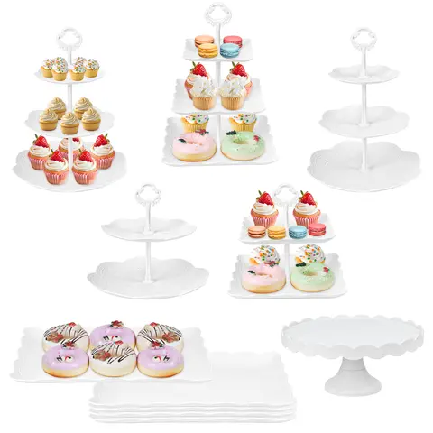 11Pcs Lightweight Food-Safe Plastic Tiered Cupcake & Dessert Stand Set - Easy Install, 10 inch Cake Stand, 8" Cake Capacity Trays, 3-Layer & 2-Tier Round Holders for Wedding, Baby Shower