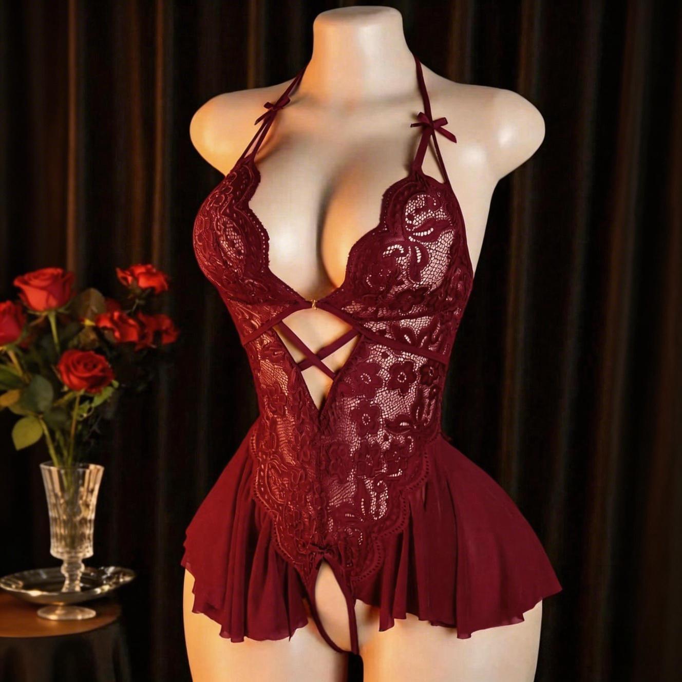 Sexy Lingerie for Women Deep V Teddy Sheer Lace Bodysuit Snap Crotch One Piece