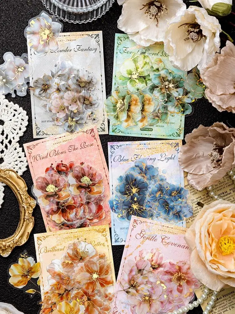 60-Piece "Poetry of Flowers" Series Adhesive Decorative Die-Cut Floral Permanent Stickers, Ideal for Phone Cases, Water Bottles, Scrapbooking & Stamping DIY Projects, Adhesive Stickers Stickers, Decorative Sticker Stickers