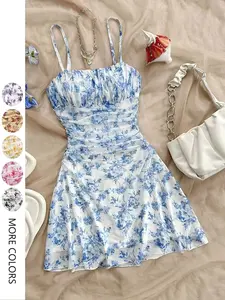 Women's Casual Floral Dress, Lightweight Sweet A-Line Tank Top with Straps, Base Pattern, Romantic Literary Feminine Style, Perfect for Dating and Daily Wear
