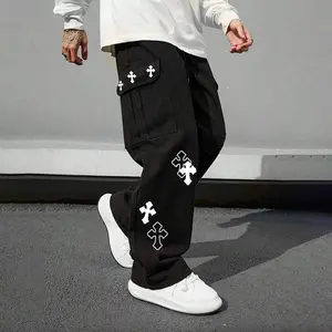 Men’s vintage black outdoor casual pants with large pockets, American high-street style, straight cut, loose wide legs, versatile long trousers