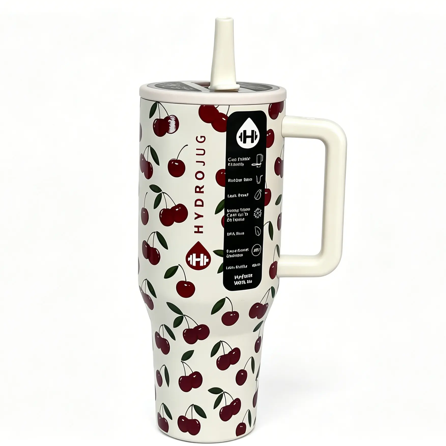 HydroJug 40oz Stylish Cherry Print Travel-Ready Mug - Triple-Wall Insulated Vacuum Flask, FlipStraw Lid, 1000-2000ml Bottled Drinkware for All-Day Hydration (Kitchenware)