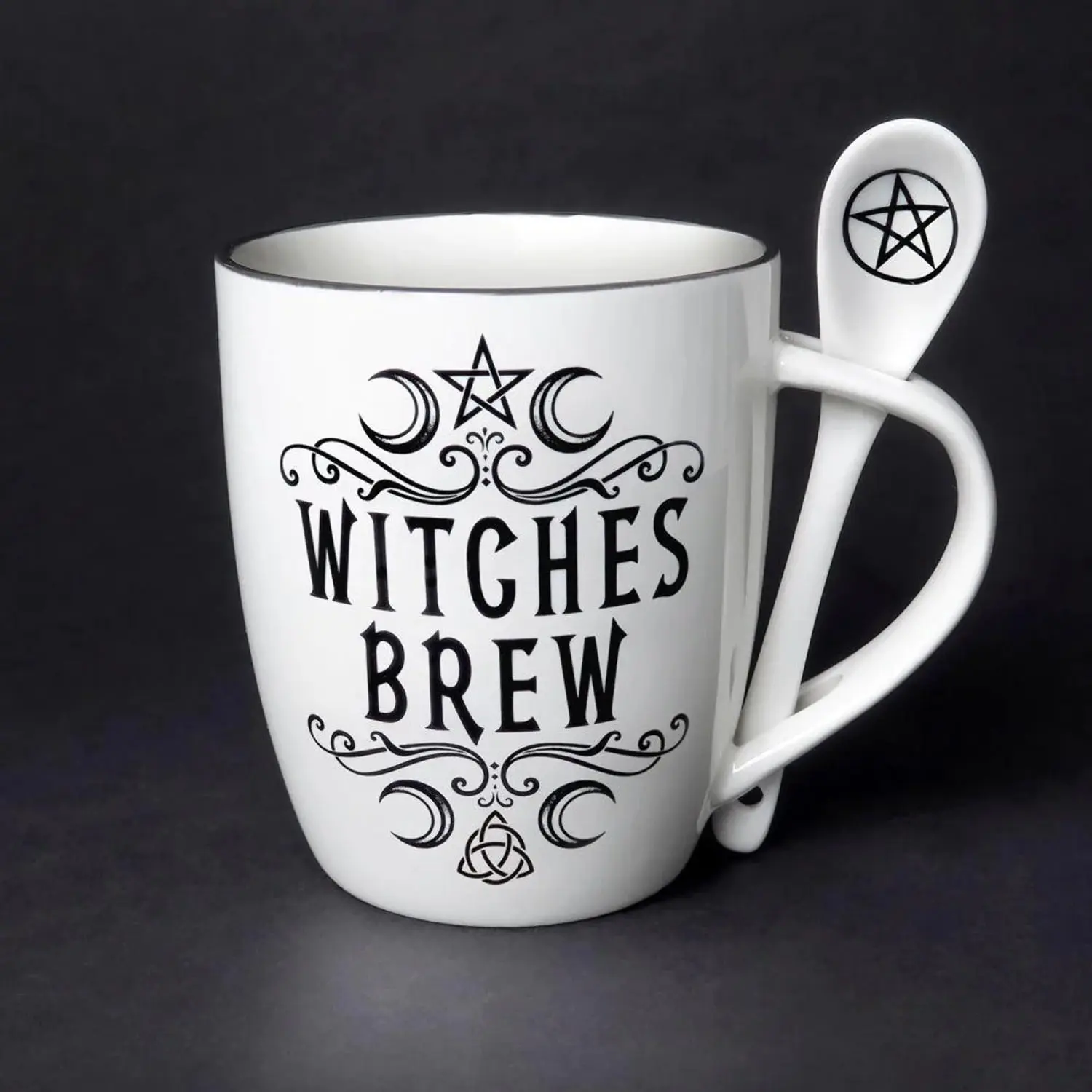 Alchemy Gothic ALMUG16 5.31 in. Witches Brew Mug Spoon Set, White & Black - 13 oz