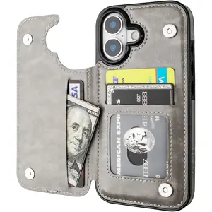 Compatible with  17 Wallet Case with Card Holder, PU Leather Kickstand Card Sls Case, Double  Clasp and Durable Shockproof Cover 6.3 Inch (Gray)