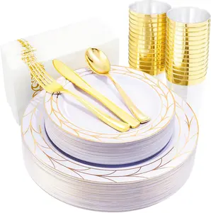 175pcs Disposable Gold and Silverware set Include Dinner/Dessert/Gold Silverware/Cup/25pcs of each, New Year Dinnerware Set for 25guests.