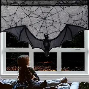 Halloween Lace Curtain Bat Spider Web Design Polyester Tablecloth for Fireplace Kitchen Dining Decor Festive Atmosphere Premium Fabric Craft