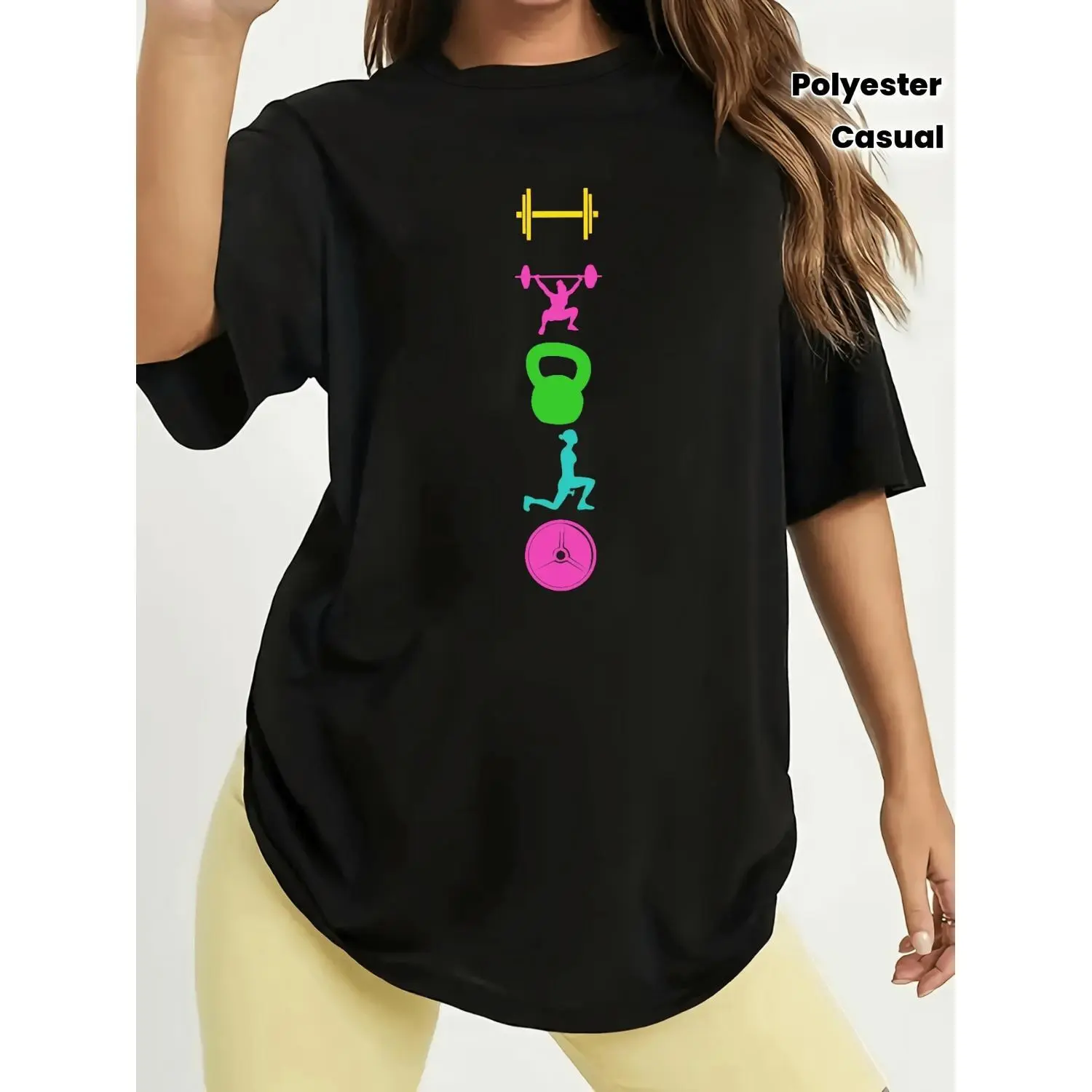Colorful Dumbbell and Exercise Equipment Print Gym T-Shirt for Women Playful Short Sleeve Crew Neck Fitness Top for Spring and Summer