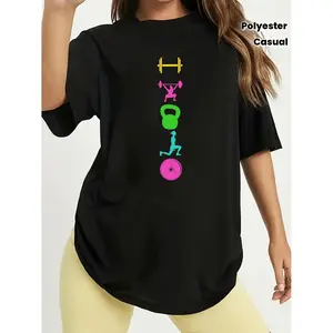 Colorful Dumbbell and Exercise Equipment Print Gym T-Shirt for Women Playful Short Sleeve Crew Neck Fitness Top for Spring and Summer