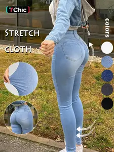 Women's Plain Ripped High Waist Skinny Stretchy Medium Jeans, Fashion Casual Pocket Button Design Denim Pants for Daily Outdoor Wear, Ladies Bottoms for Spring & Fall