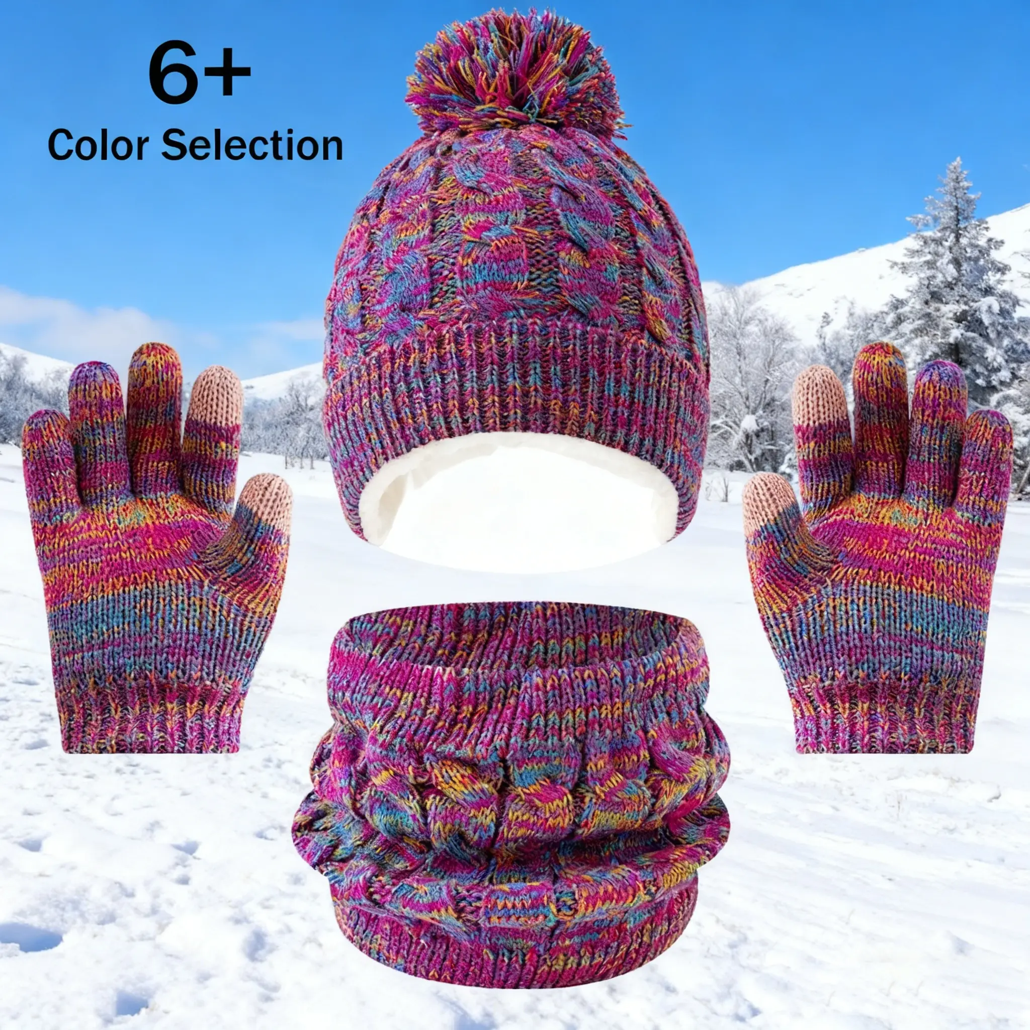 Children's Winter Warmth Hat, Gloves, and Scarf Set Warm Beanie with Pom-Pom, Knit Neck Warmer, and Mittens with Fleece Lining Suitable for Boys/Girls for Outdoor Play and School Wear