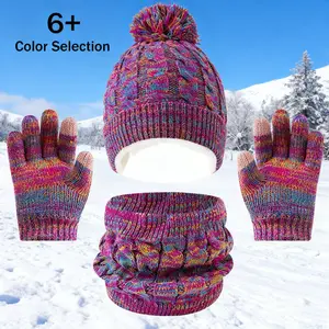 Children's Winter Warmth Hat, Gloves, and Scarf Set Warm Beanie with Pom-Pom, Knit Neck Warmer, and Mittens with Fleece Lining Suitable for Boys/Girls for Outdoor Play and School Wear
