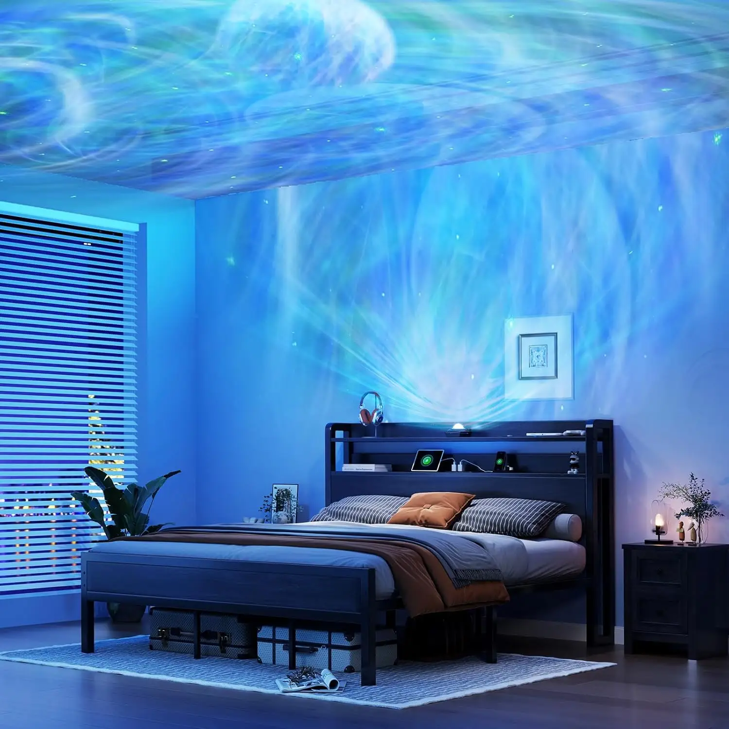 AMERLIFE Bed Frame with Galaxy Star Projector, Modern Platform Bed with Charging Station Storage Headboard, Heavy Duty Metal Bed Frame with Underbed S