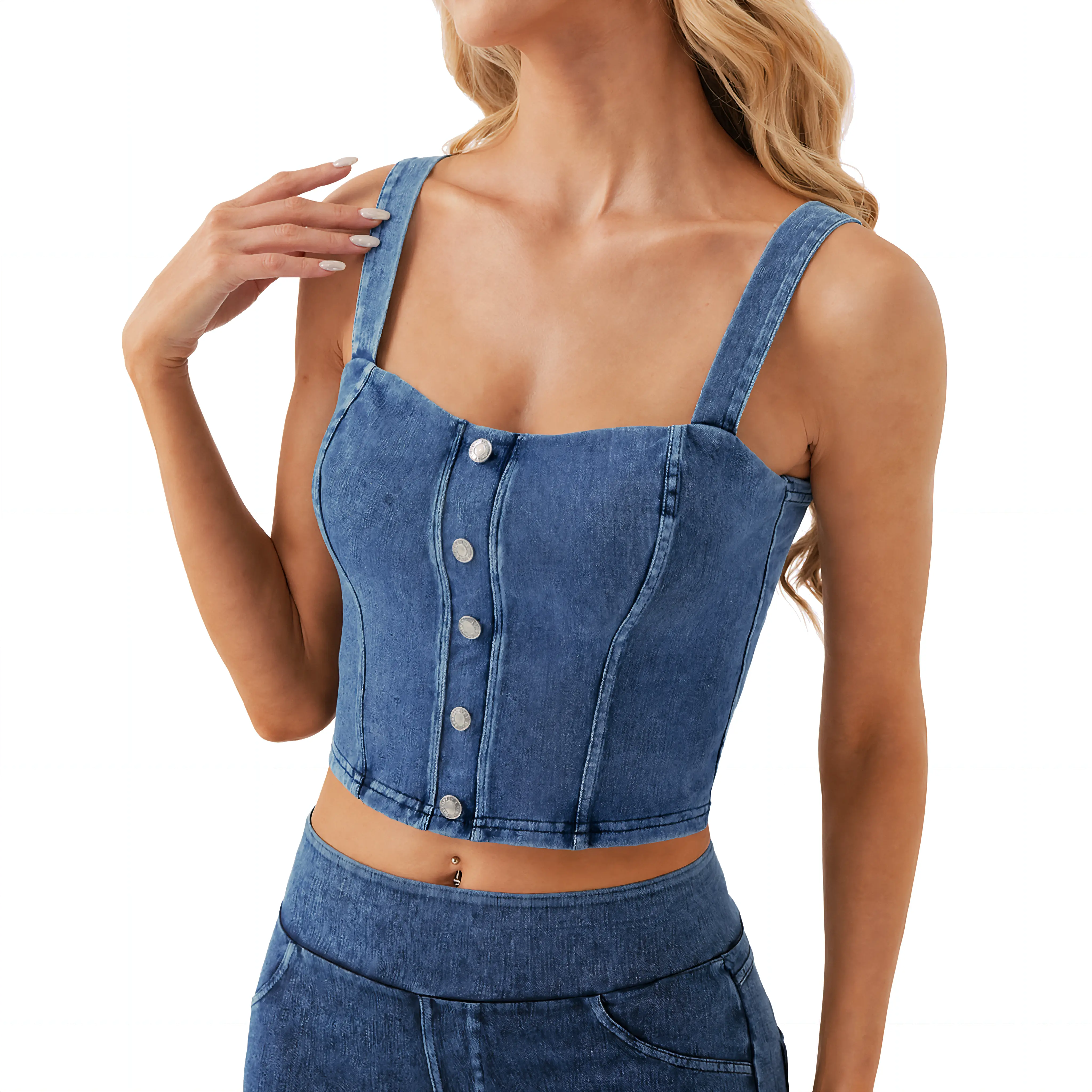 Cotrasen Womens Casual Denim Tank Top Square Neck Sleeveless Slim Fit High Stretch Built-in Bra Tank Top Summer Workout Yoga Daily Wear