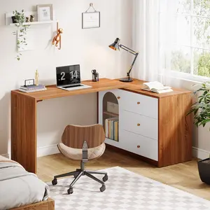 LITTLE TREE L Shaped Computer Desk with Drawers, Modern Corner Home Office Desk with Reversible Storage Cabinet, Long Study Writing Desk Workstation for Home Office