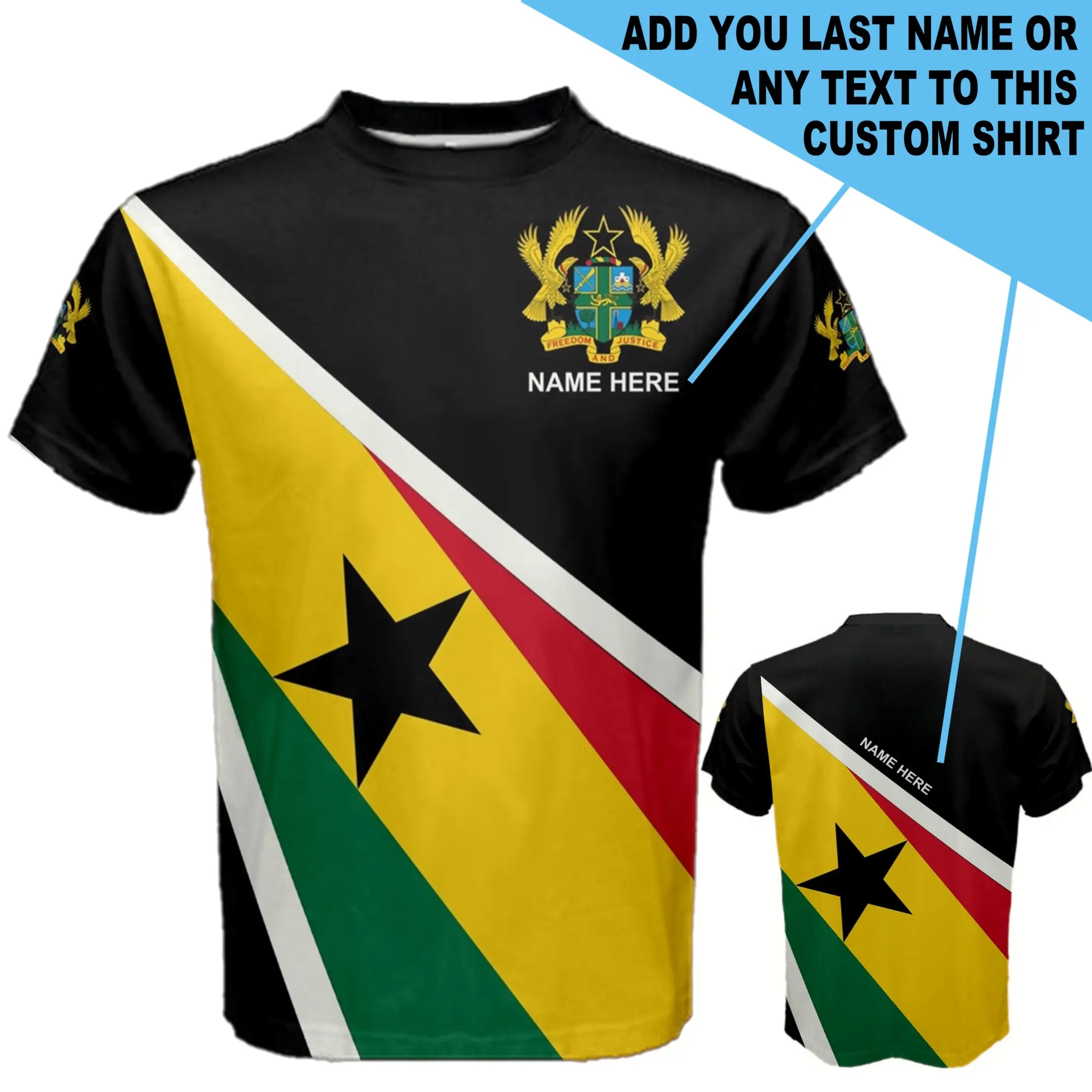 Custom Ghana Flag T-Shirt Personalised Name - Ghanaian Pride Graphic Tee, Ghana Coat of Arms Black Star Heritage Apparel Unisex Sportswear