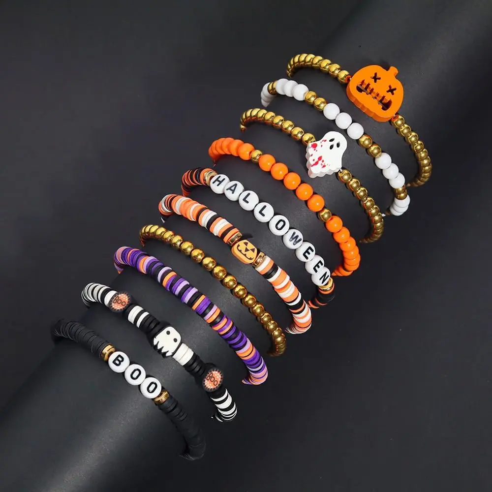 Halloween Bracelets Set for Women,10Pcs Stocking Stuffer Clay Preppy Heishi Boo Skull Charm Beads Stackable Bracelet Adjustable Friendship Holiday Stretch Jewelry Gift (Halloween -10PCS)