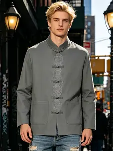 Men's Vintage Chinese Style Tang Suit Jacket, Stand Collar Button Front, Embroidered Chest, Spring Casual Fashion, Party Wear